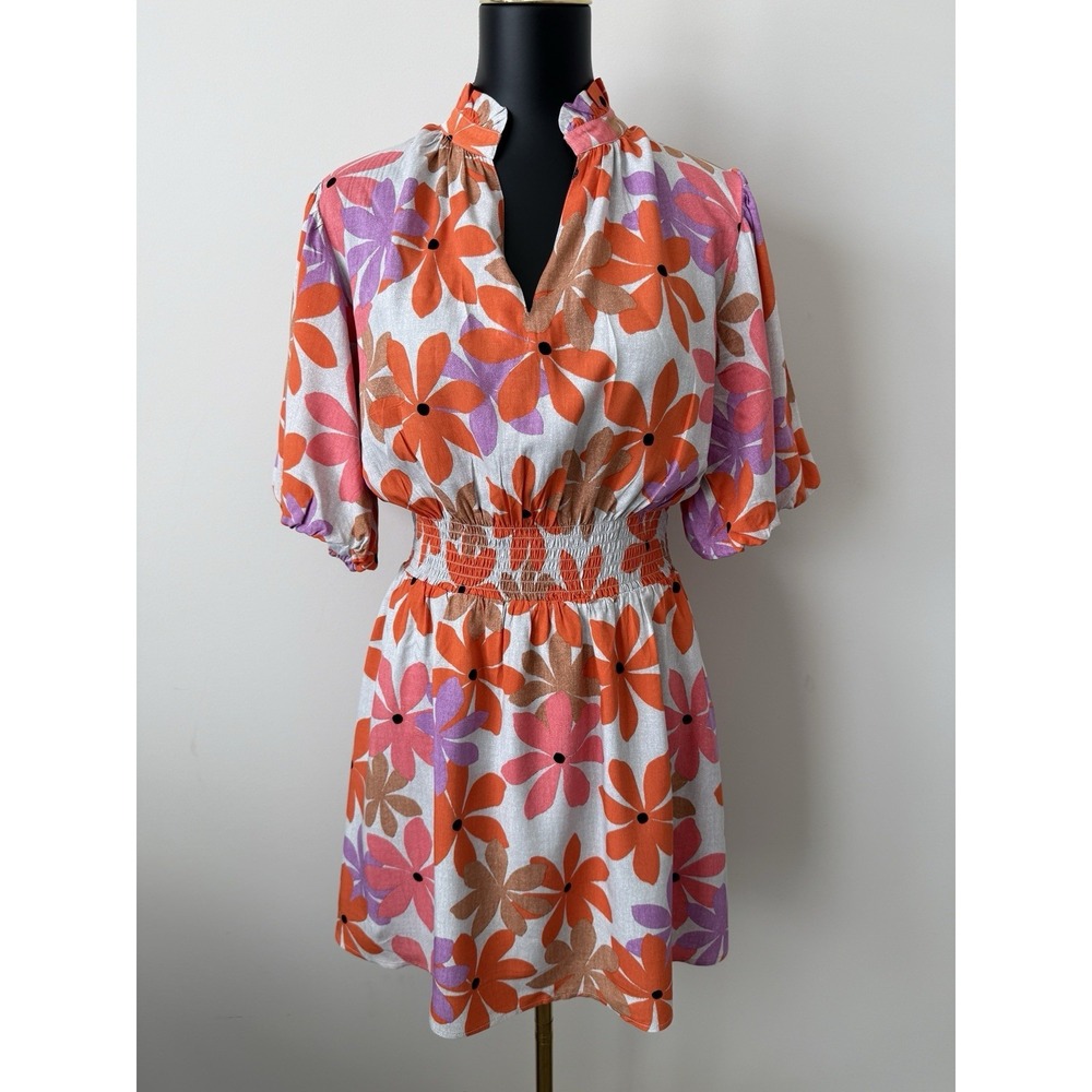 THML Women's M Multicolor Floral Mimi Dress Smocked Waist Puff Sleeve